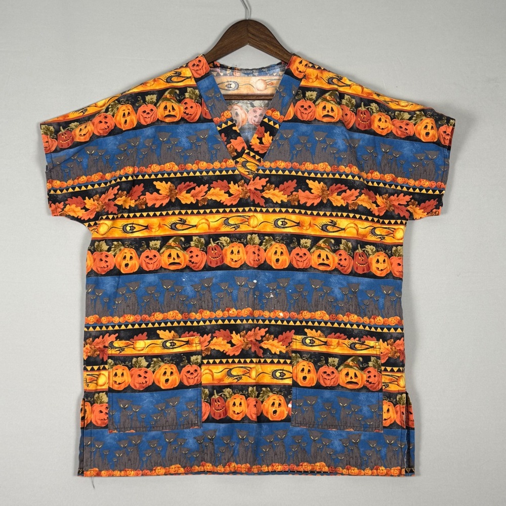 Unbranded Halloween Scrub Top Unisex 2XL Orange Blue Black Cat Pumpkin Excellent